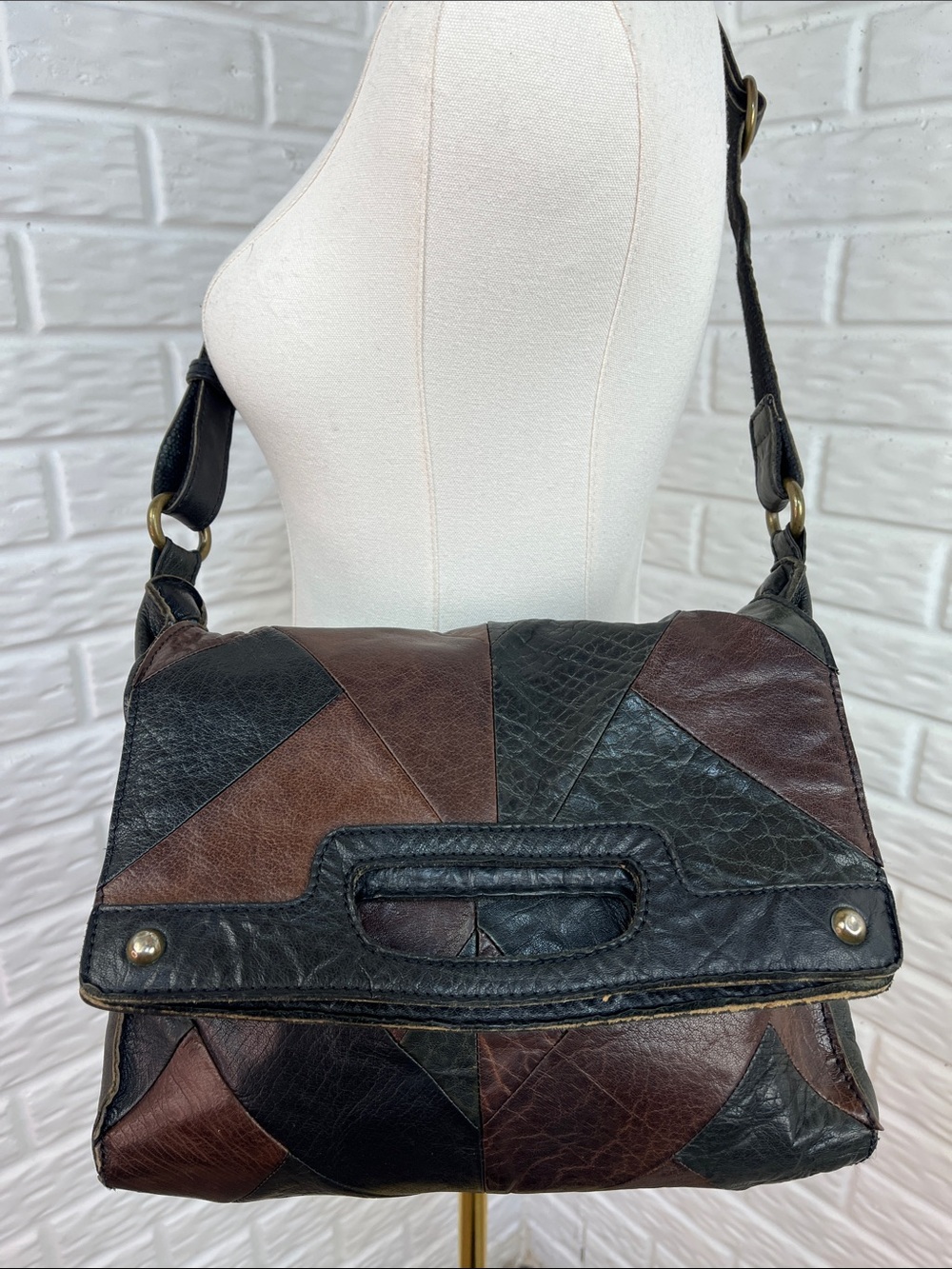 LUCKY BRAND ABBEY FOLDOVER GENUINE LEATHER PATCHWORK CROSSBODY BAG BLACK BROWN